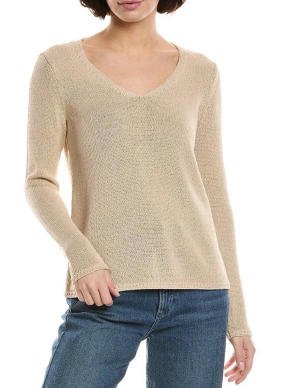 J. McLaughlin Beige V-Neck Lightweight Knit Sweater long sleeve cotton blend